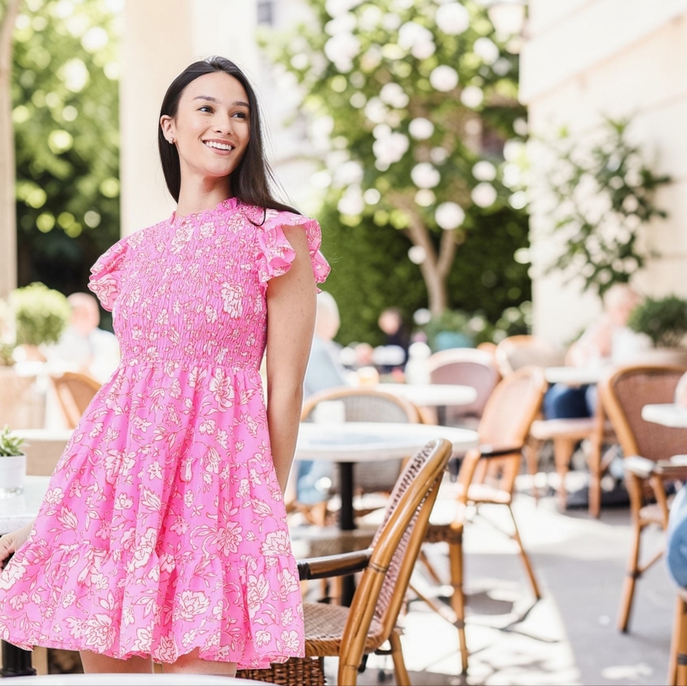 NWT J.MARIE Rosie Ruched Mini Dress Tiered Pink Floral Flutter Sleeve Medium